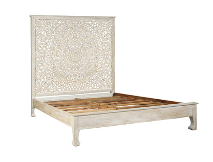 White Carved Floral Distressed Solid Wood Queen Bed