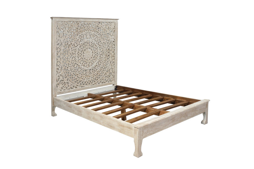White Carved Floral Distressed Solid Wood Queen Bed