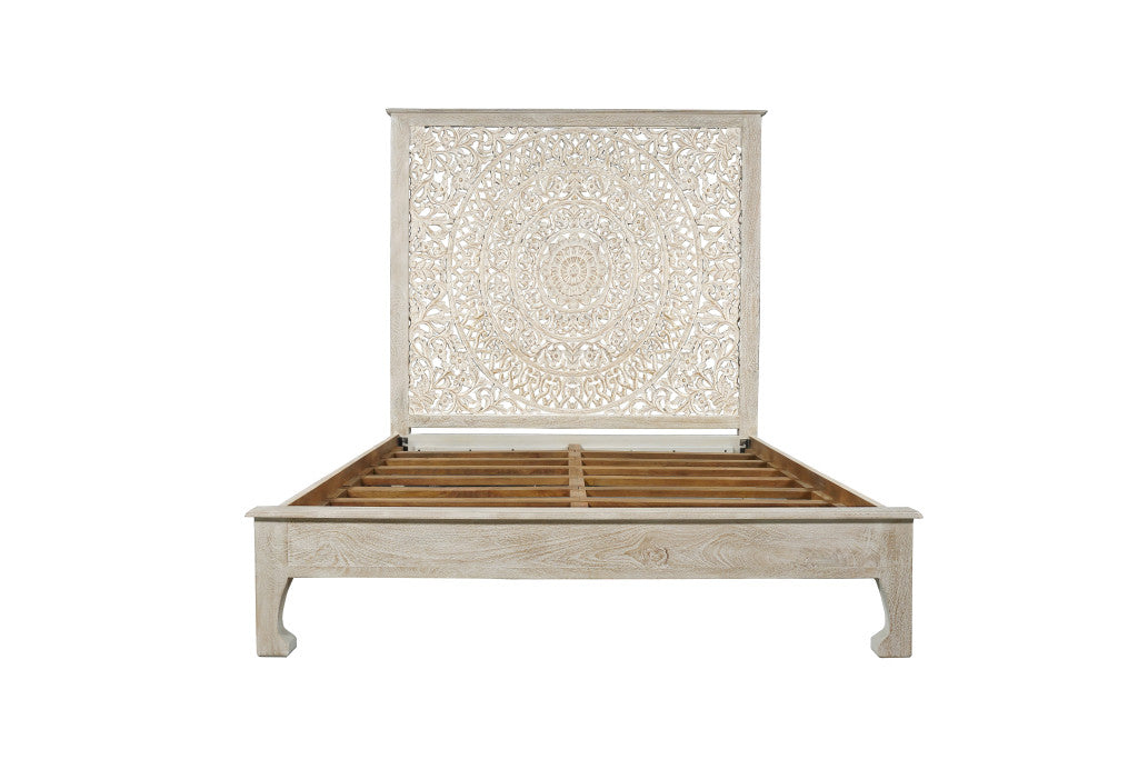 Sage White Carved Floral Distressed Solid Wood Queen Bed