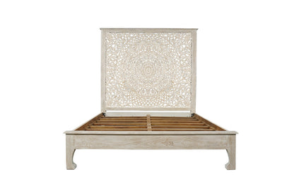Sage White Carved Floral Distressed Solid Wood Queen Bed