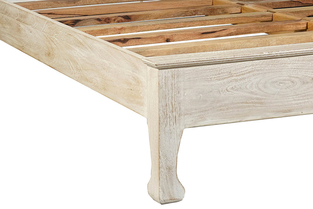 White Carved Floral Distressed Solid Wood Queen Bed