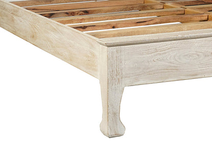 White Carved Floral Distressed Solid Wood Queen Bed
