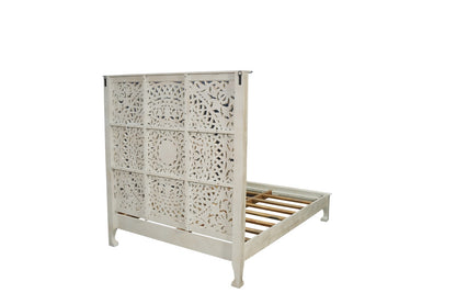 White Carved Floral Distressed Solid Wood Queen Bed