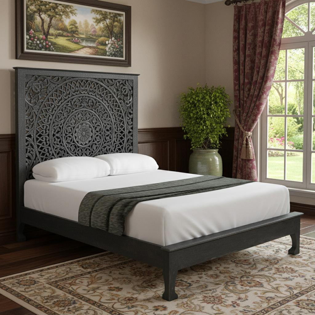 Black Carved Floral Distressed Solid Wood Queen Bed