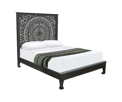 Black Carved Floral Distressed Solid Wood Queen Bed