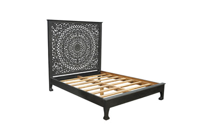 Black Carved Floral Distressed Solid Wood Queen Bed