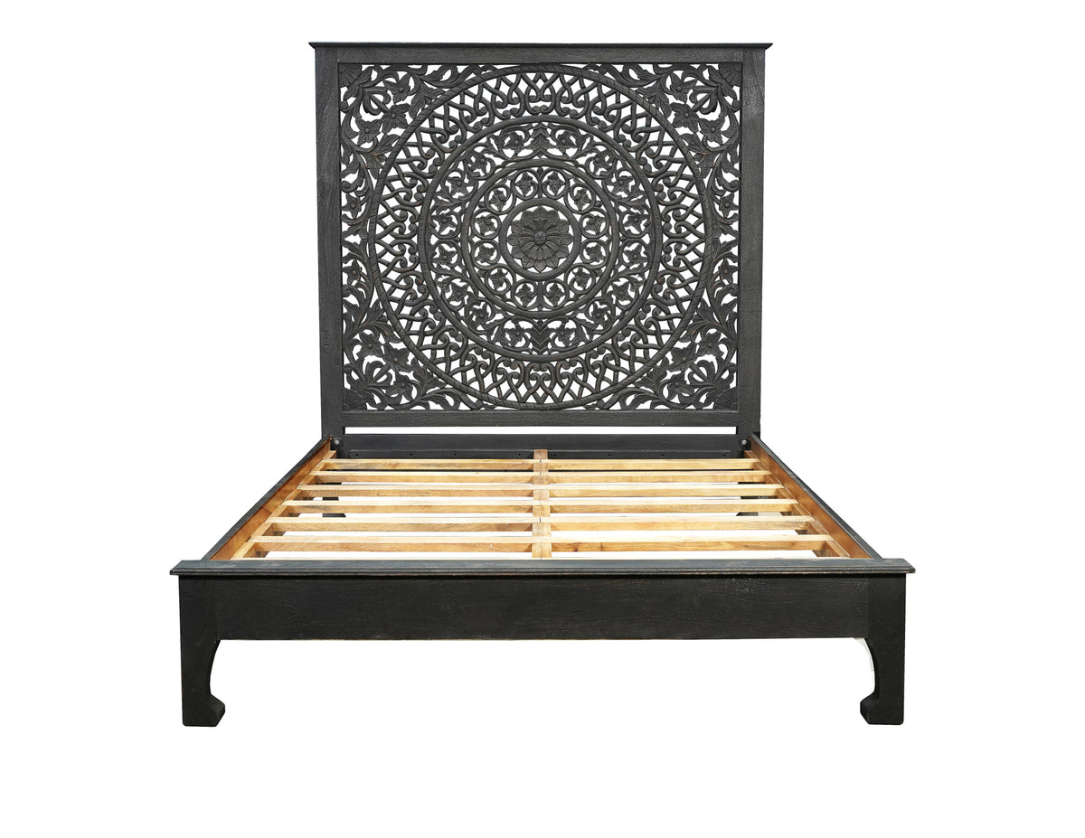 Elara Black Carved Floral Distressed Solid Wood Queen Bed