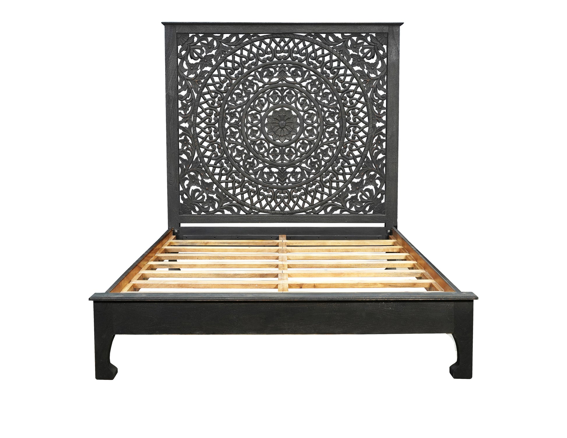 Elara Black Carved Floral Distressed Solid Wood Queen Bed