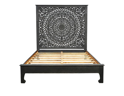 Elara Black Carved Floral Distressed Solid Wood Queen Bed