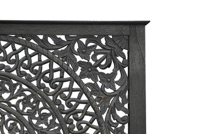 Black Carved Floral Distressed Solid Wood Queen Bed