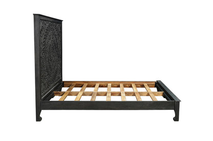Black Carved Floral Distressed Solid Wood Queen Bed