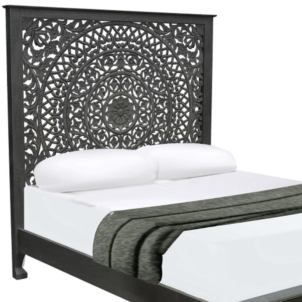 Black Carved Floral Distressed Solid Wood Queen Bed