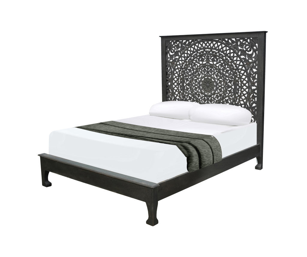 Black Carved Floral Distressed Solid Wood Queen Bed
