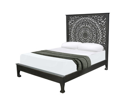 Black Carved Floral Distressed Solid Wood Queen Bed