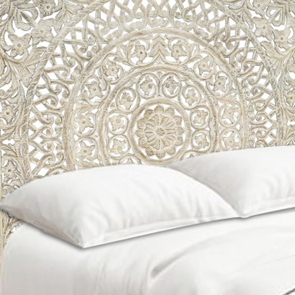 Gray Carved Floral Distressed Solid Wood Queen Bed
