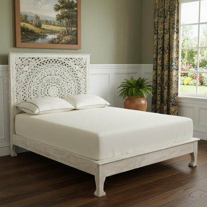 Gray Carved Floral Distressed Solid Wood Queen Bed