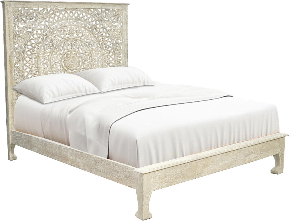 Gray Carved Floral Distressed Solid Wood Queen Bed