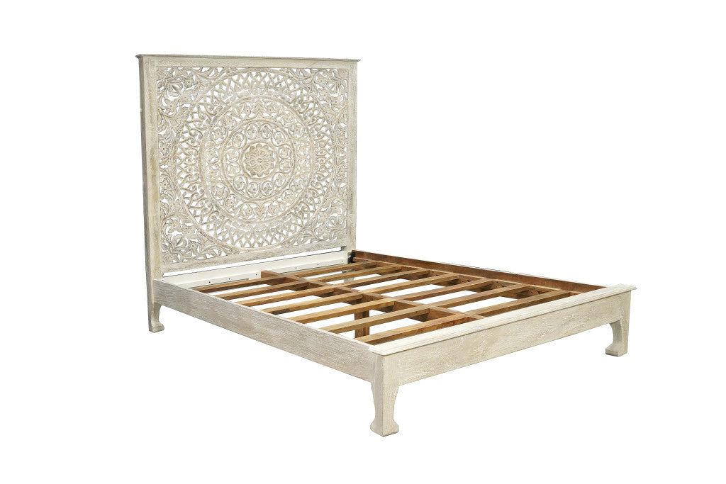 Gray Carved Floral Distressed Solid Wood Queen Bed