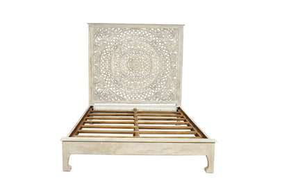 Wren Gray Carved Floral Distressed Solid Wood Queen Bed