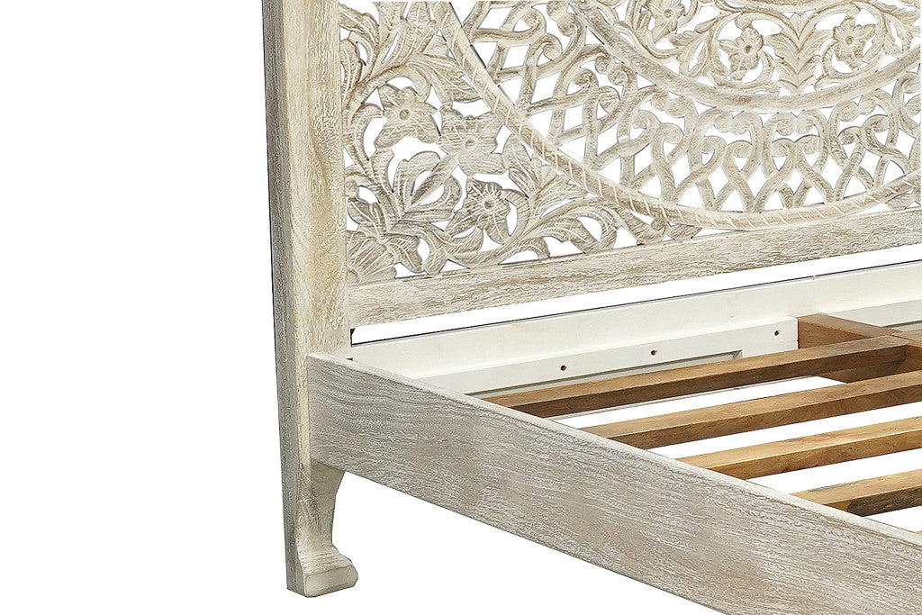 Gray Carved Floral Distressed Solid Wood Queen Bed
