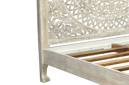 Gray Carved Floral Distressed Solid Wood Queen Bed