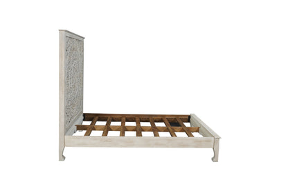 Gray Carved Floral Distressed Solid Wood Queen Bed