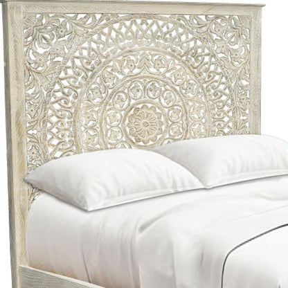 Gray Carved Floral Distressed Solid Wood Queen Bed