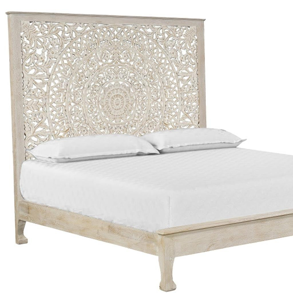 White Carved Floral Distressed Solid Wood King Bed