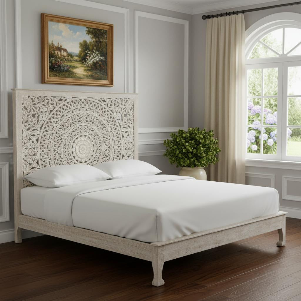 White Carved Floral Distressed Solid Wood King Bed