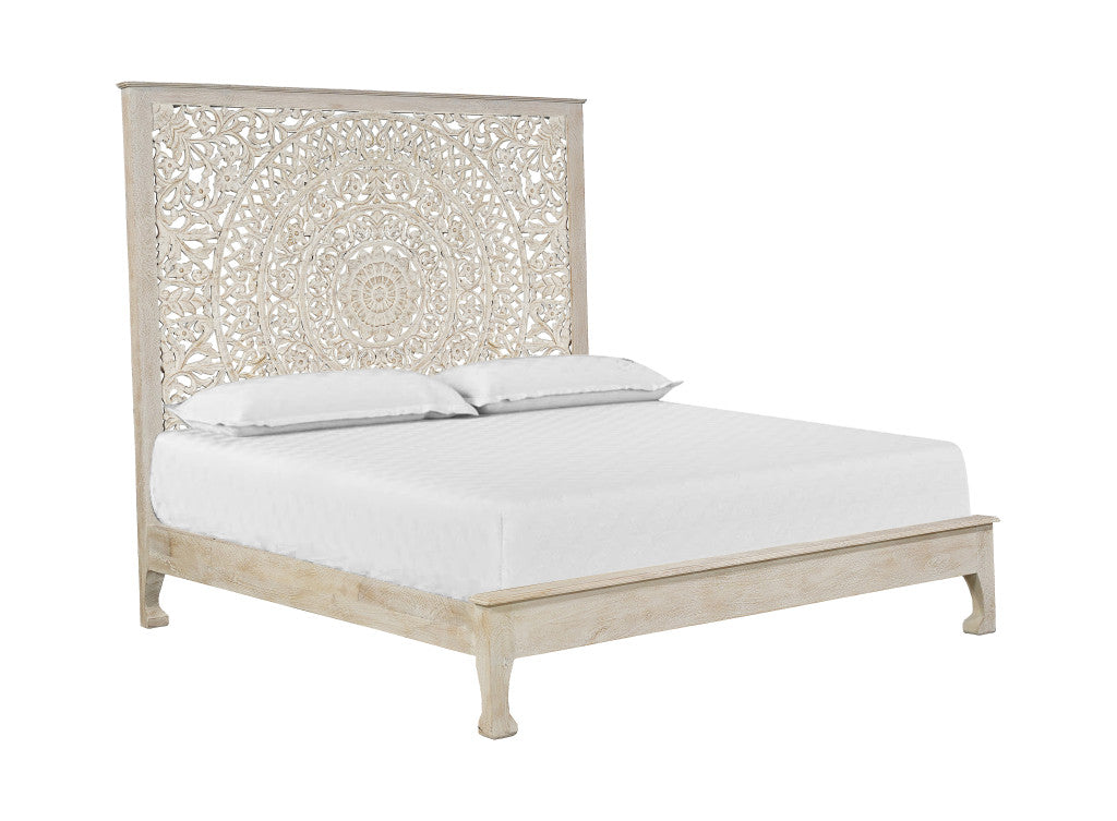 White Carved Floral Distressed Solid Wood King Bed