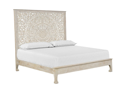 White Carved Floral Distressed Solid Wood King Bed