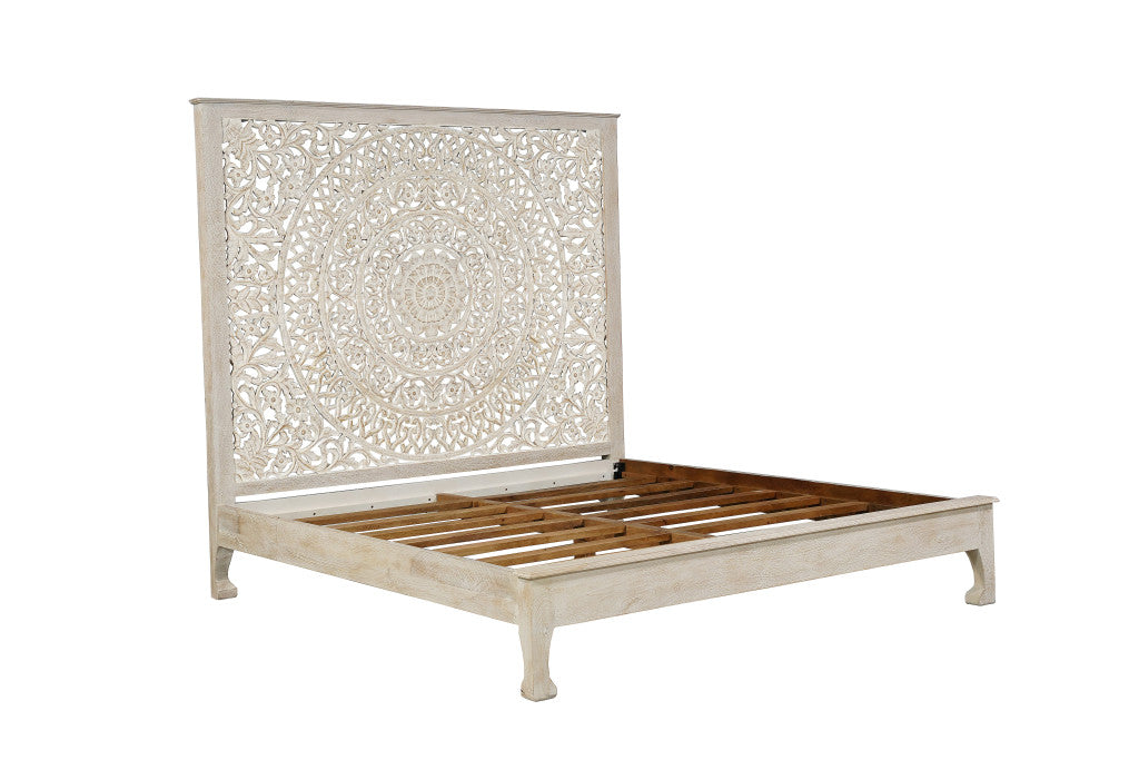 White Carved Floral Distressed Solid Wood King Bed