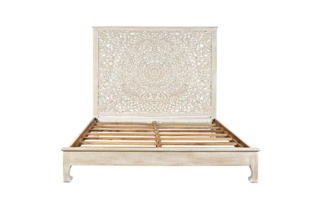 Sloane White Carved Floral Distressed Solid Wood King Bed