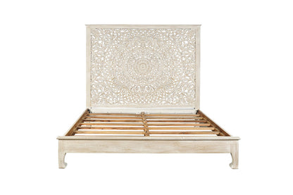 Sloane White Carved Floral Distressed Solid Wood King Bed