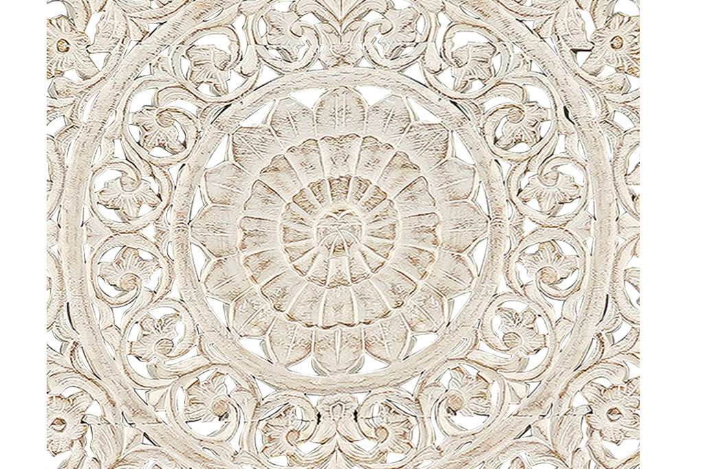 White Carved Floral Distressed Solid Wood King Bed
