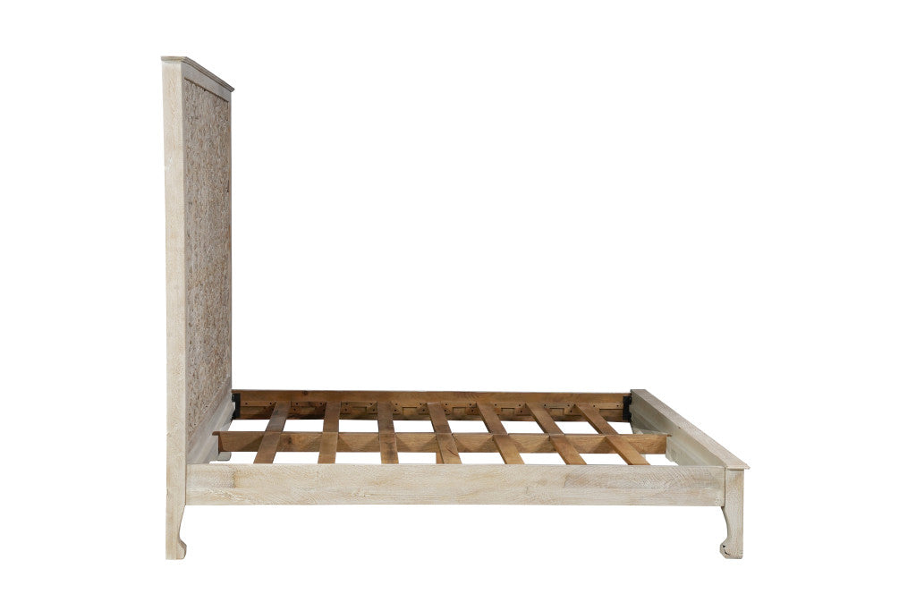 White Carved Floral Distressed Solid Wood King Bed
