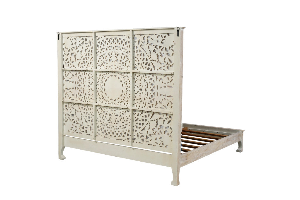 White Carved Floral Distressed Solid Wood King Bed