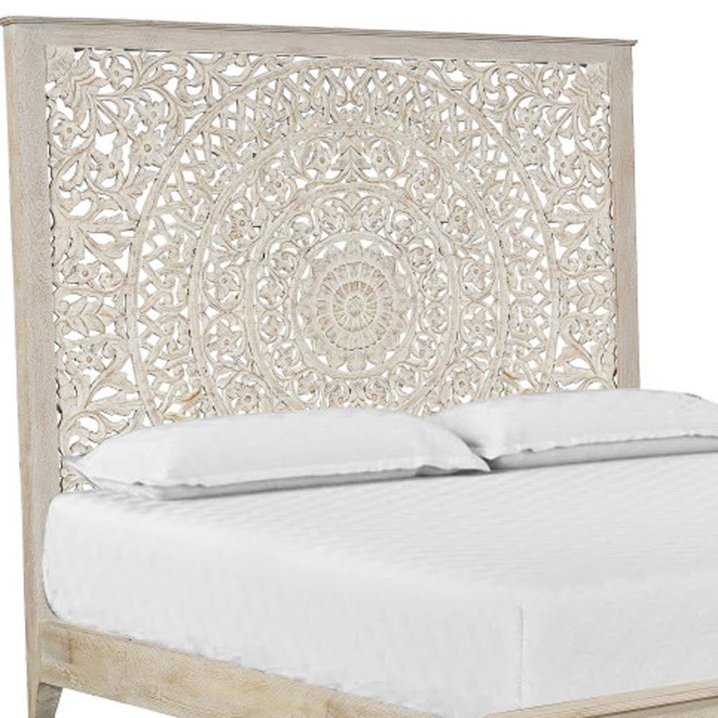 White Carved Floral Distressed Solid Wood King Bed