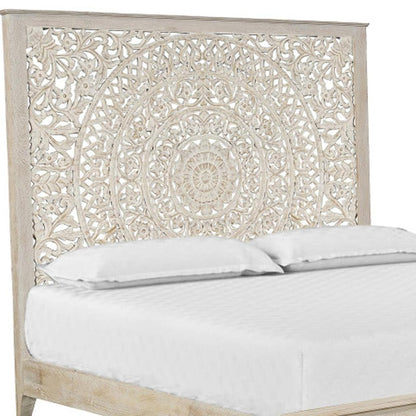 White Carved Floral Distressed Solid Wood King Bed