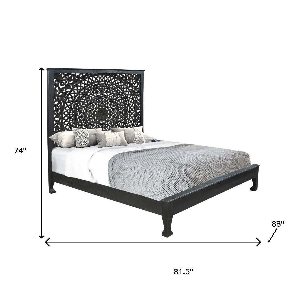 Black Carved Floral Distressed Solid Wood King Bed