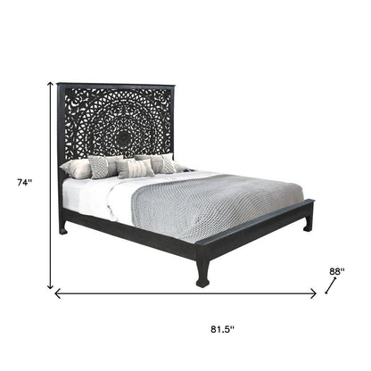 Black Carved Floral Distressed Solid Wood King Bed