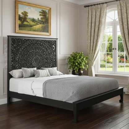 Black Carved Floral Distressed Solid Wood King Bed