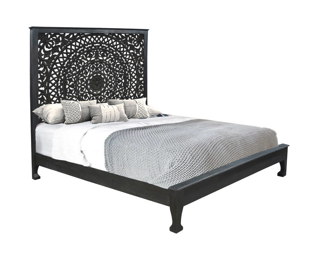 Black Carved Floral Distressed Solid Wood King Bed