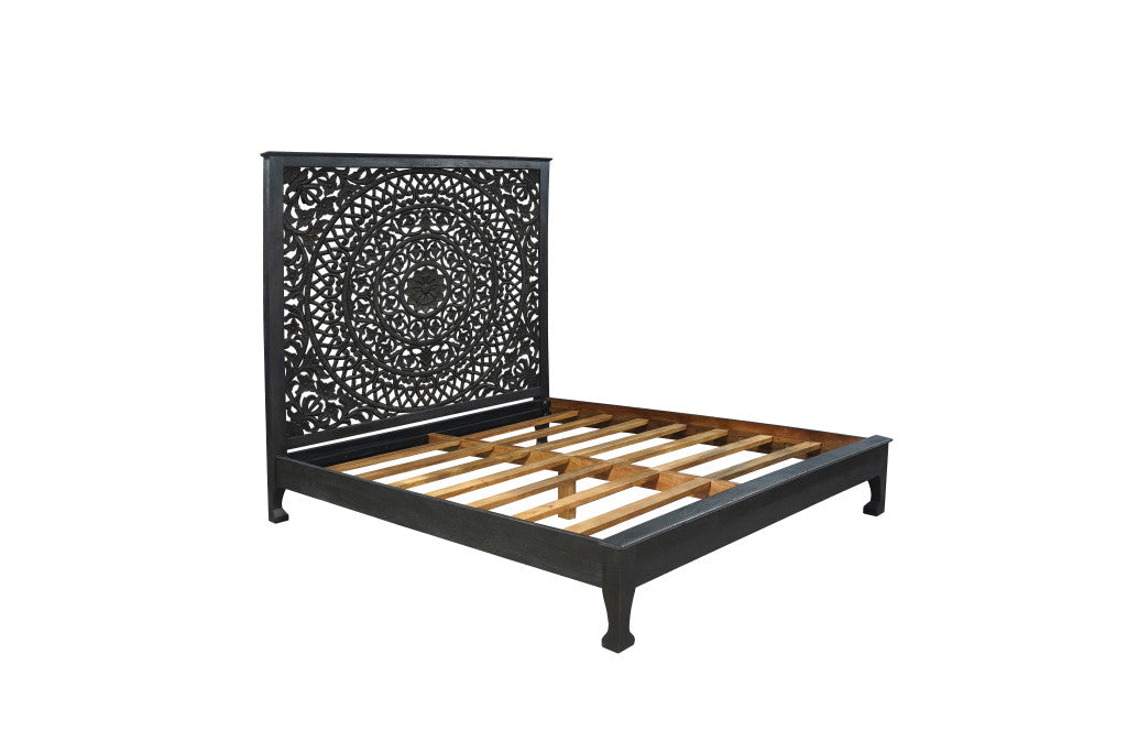 Black Carved Floral Distressed Solid Wood King Bed