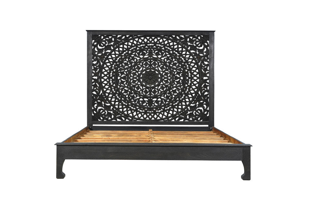Kingston Black Carved Floral Distressed Solid Wood King Bed