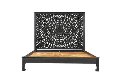 Kingston Black Carved Floral Distressed Solid Wood King Bed