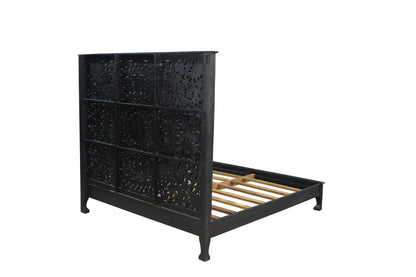 Black Carved Floral Distressed Solid Wood King Bed