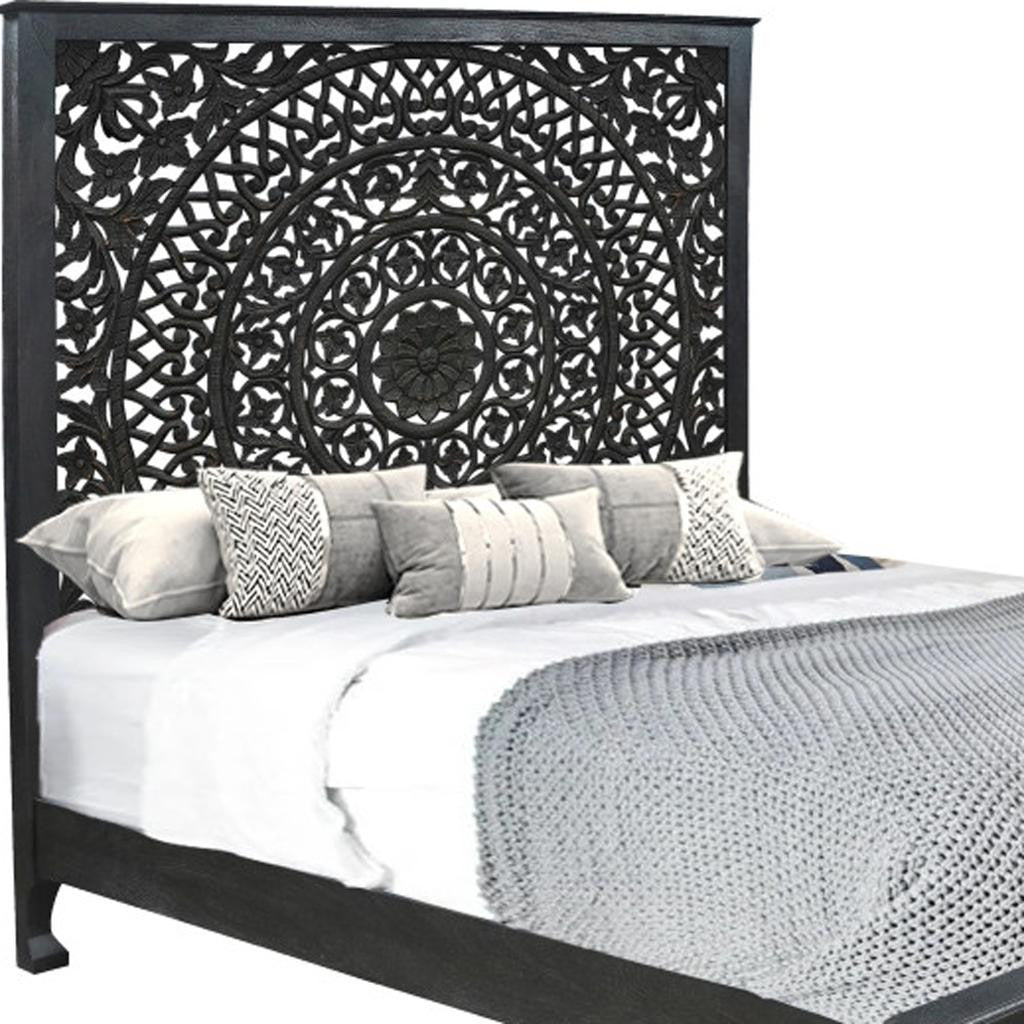 Black Carved Floral Distressed Solid Wood King Bed