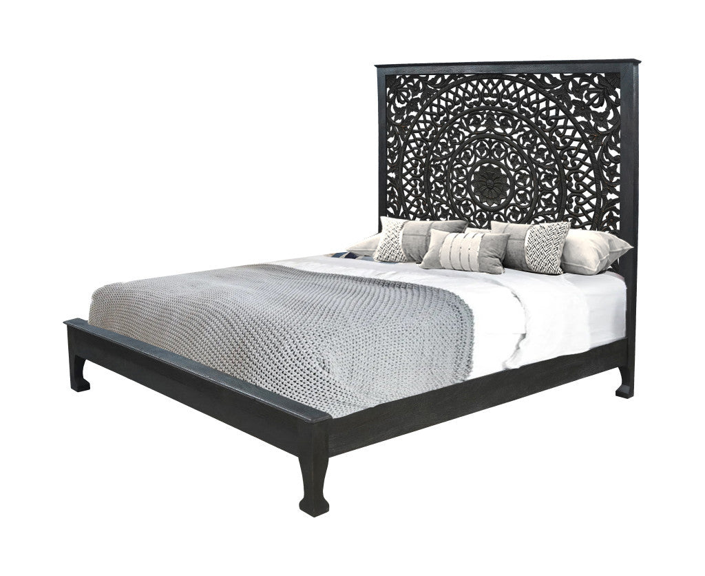 Black Carved Floral Distressed Solid Wood King Bed