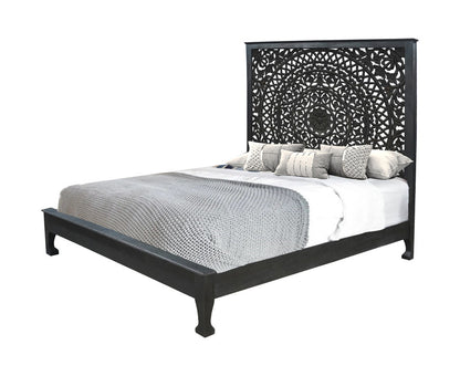 Black Carved Floral Distressed Solid Wood King Bed